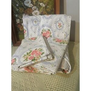 Vintage Lady Pepperell Full Sheet Cotton Polyester Floral Roses Blue Dot